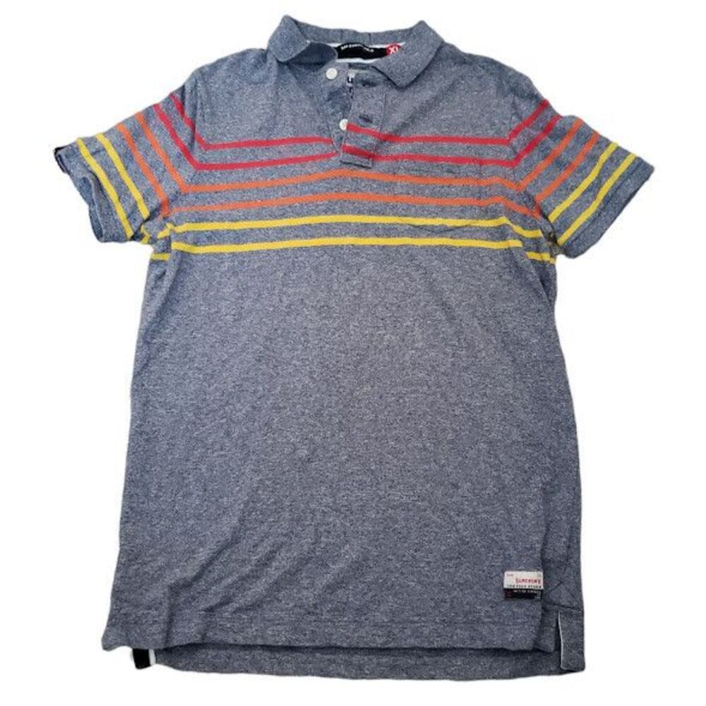 SUPERDRY Polo Shirt Men's Size XL Super Sunrise Bay Striped Gray Red Yellow